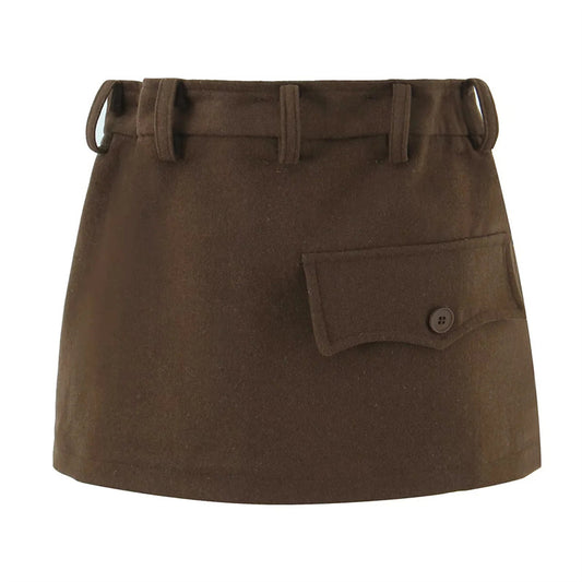 法式復古褶皺設計毛呢短裙(羊毛咖)