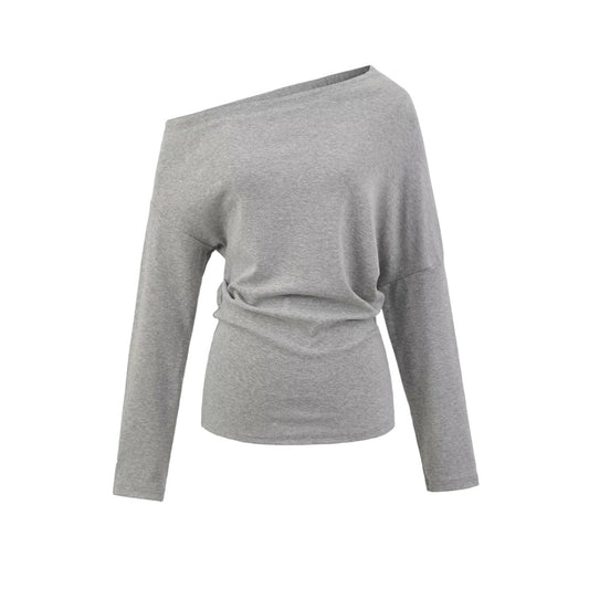 個性斜肩寬鬆休閒長褲套裝(淺灰)AT1007