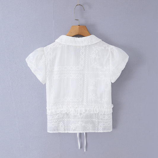 法式優雅鏤空刺繡心型繫帶襯衫 SS2016