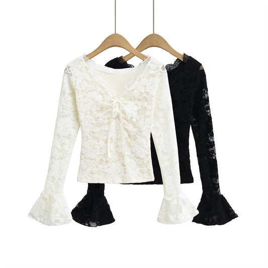 V領修身純色蕾絲衫磨毛長袖上衣(黑)