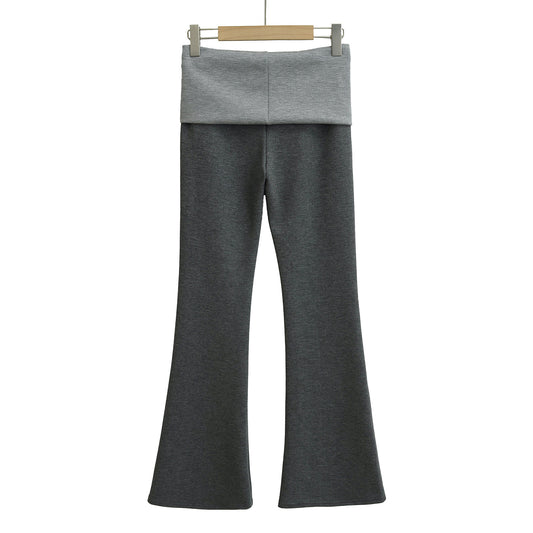 歐美風撞色翻腰微喇叭修身長褲(灰)