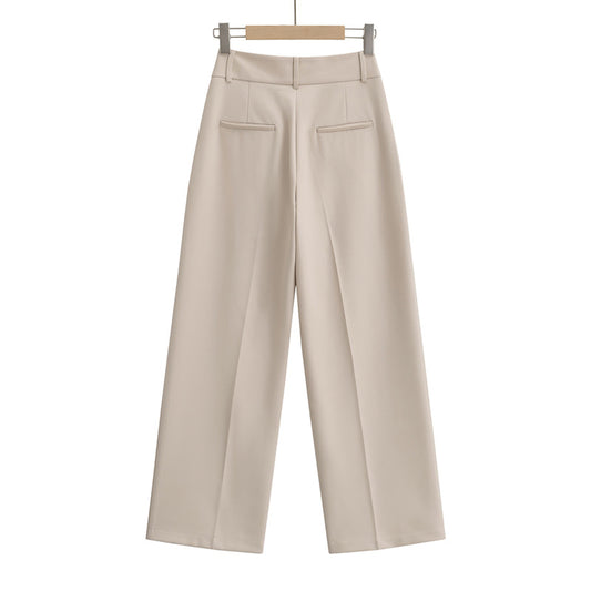 法式簡約直筒垂感休閒西裝褲(米杏)