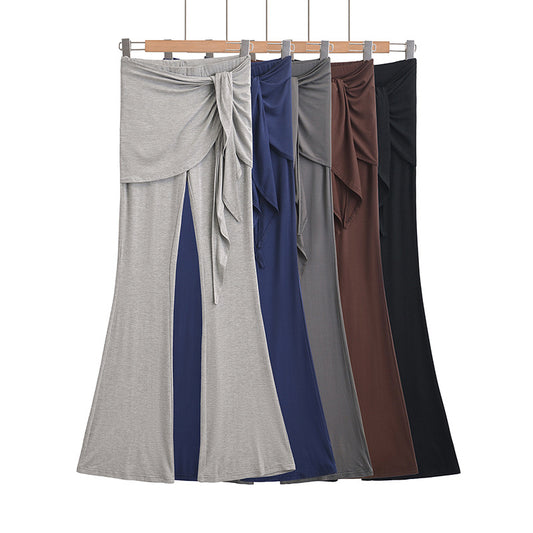 休閒假兩件繫帶喇叭休閒褲(黑)