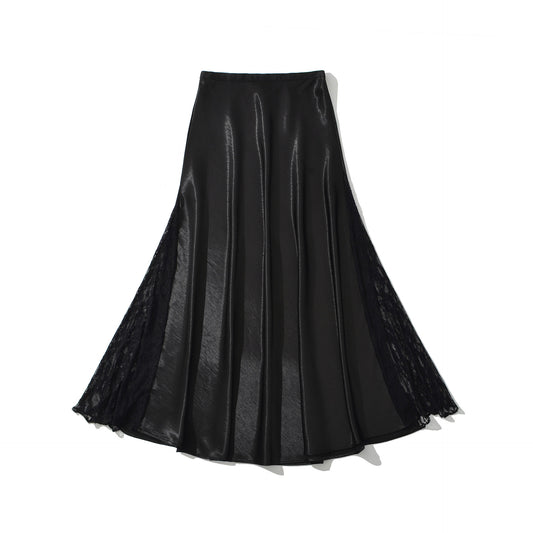 歐美風緞面花邊拼接長裙(黑)