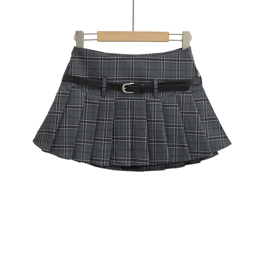 復古格紋低腰配腰帶百褶短裙(紅格子)