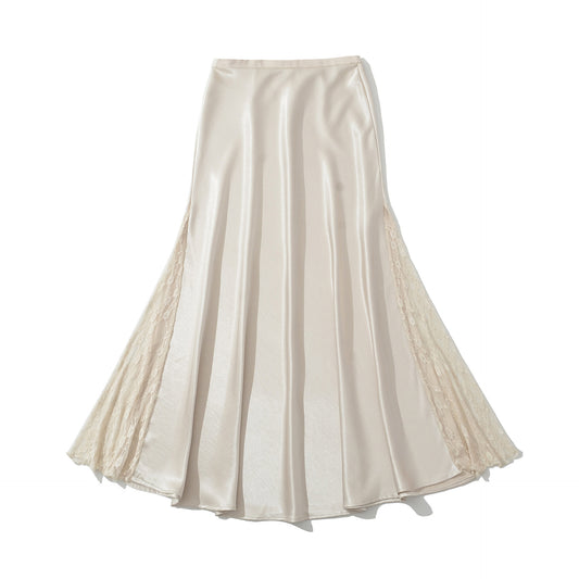 歐美風緞面花邊拼接長裙(杏)