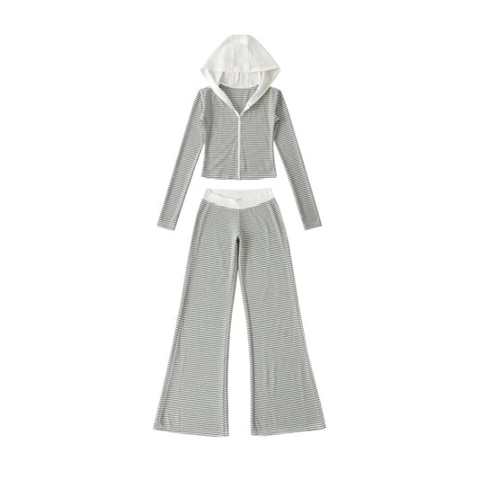 連帽拉鍊條紋撞色長袖休閒套裝(白)AT1007