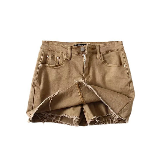 多色高腰高彈性牛仔短裙(卡其)DE1007