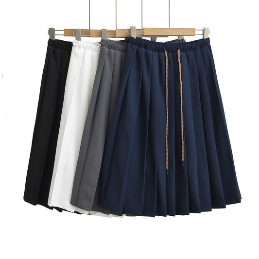 法式學院風抽繩中長百褶裙(黑)