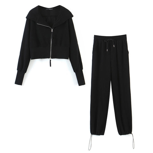 韓版寬鬆淨面連帽褲套裝(黑色)AT1004