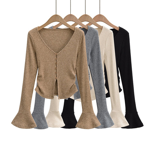 美式喇叭袖V領針織休閒套裝(黑)CO1045