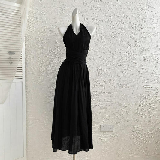 時尚收腰v領口袋連身裙(黑)E1007