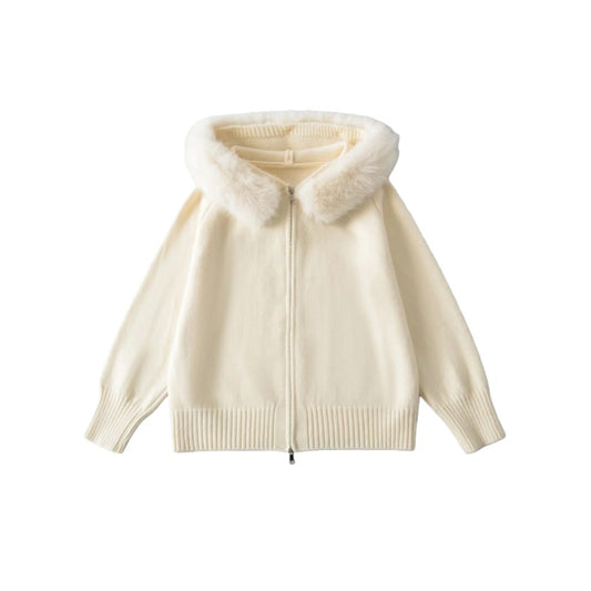 復古毛毛連帽拉鍊長袖針織外套(米白)LI1006