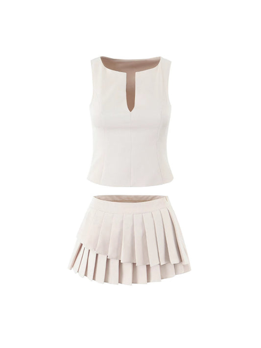 修身V領百褶裙套裝(米色)CO1026