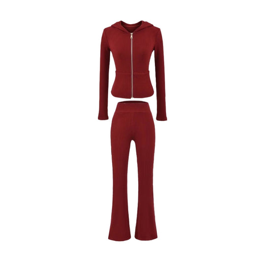 高腰性感連帽拉鍊微喇叭褲套裝(酒紅)AT1006
