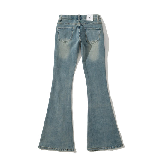 美式復古水洗彈性修身微喇叭牛仔褲(深藍)DE1001