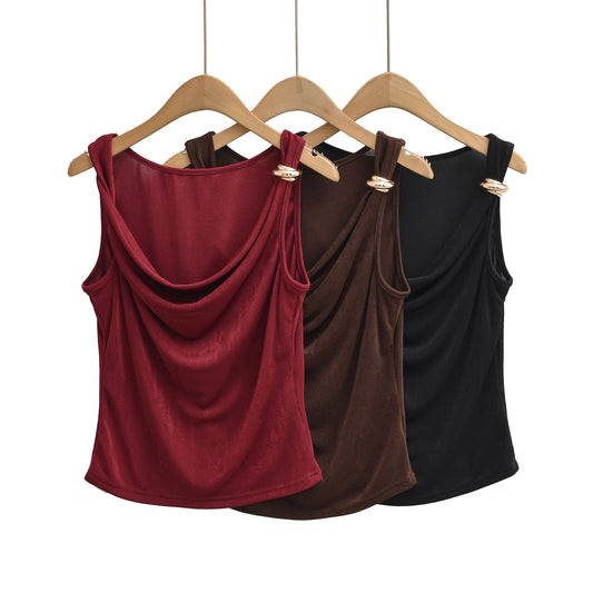 法式金屬飾扣設計感無袖衫(棕色)SS2006