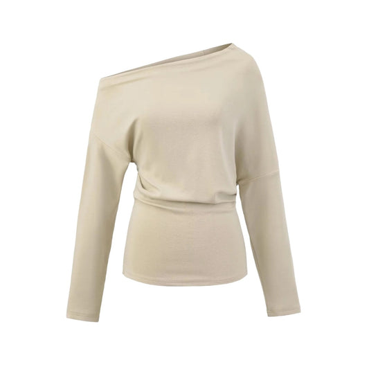 個性斜肩寬鬆休閒長褲套裝(奶茶)AT1007