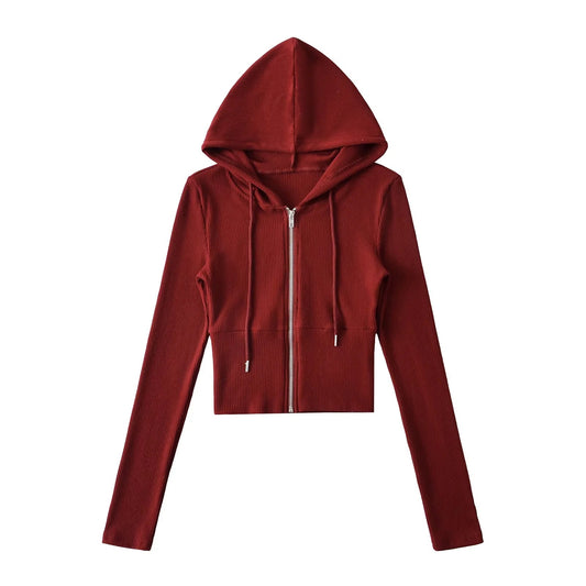 磨毛拉鍊修身微喇長褲套裝(紅)AT1008