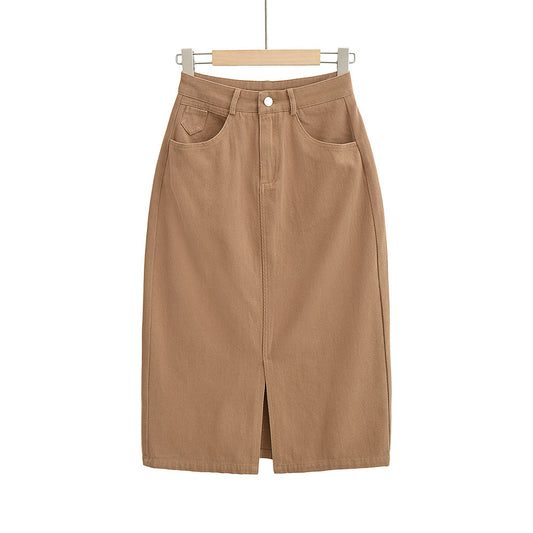 美式復古A字高腰開叉牛仔裙(卡其)DE1017