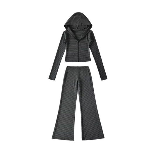 連帽拉鍊條紋撞色長袖休閒套裝(深灰)AT1007