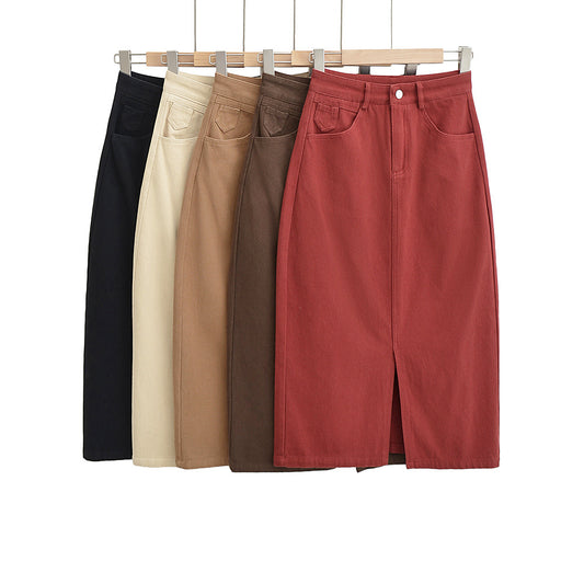 美式復古A字高腰開叉牛仔裙(深咖)DE1017