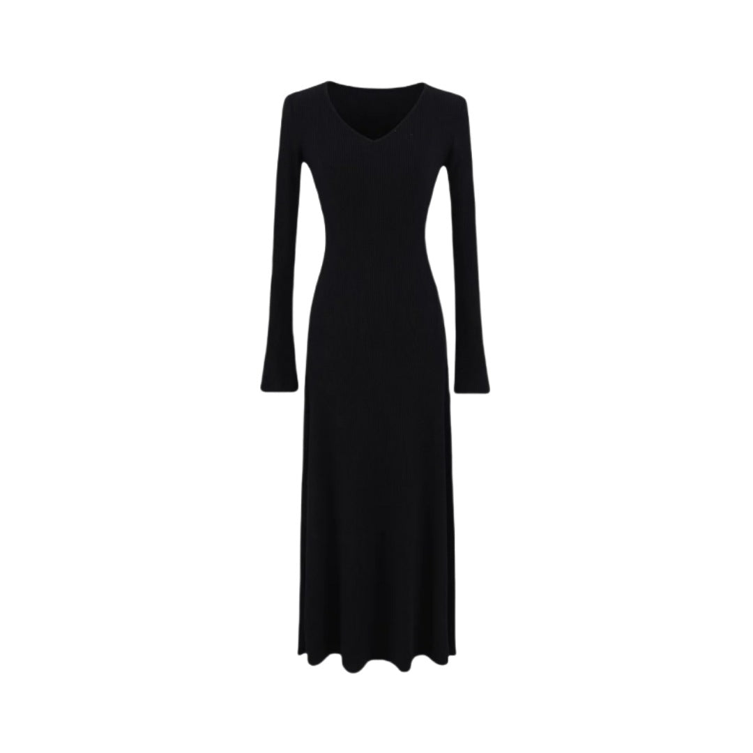 純色V領修身針織喇叭袖洋裝(黑)K1040