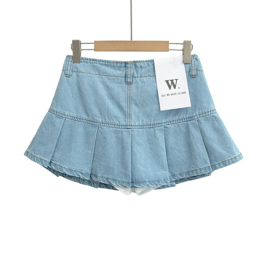 高腰顯腿長水洗牛仔百褶裙(淺藍)DE1006