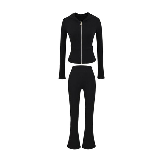 高腰性感連帽拉鍊微喇叭褲套裝(黑)AT1006