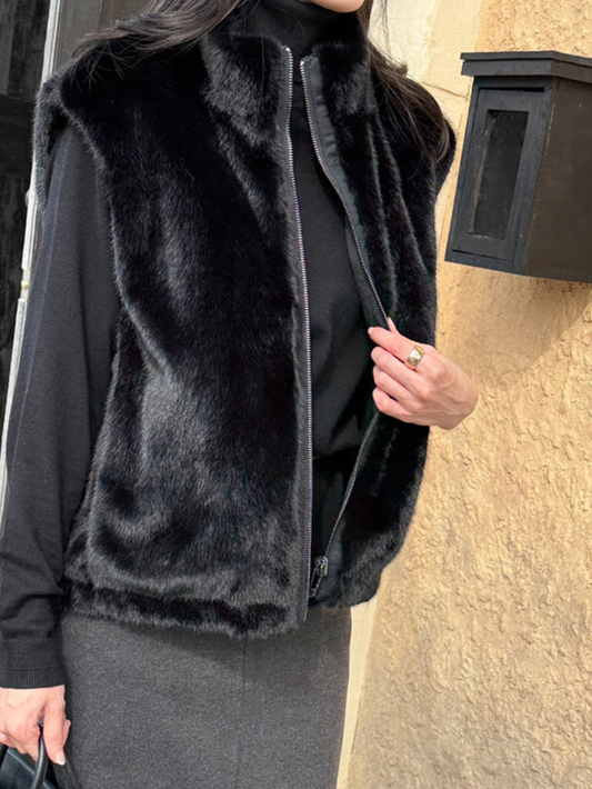 Chic毛絨兩面穿韓版馬甲外搭(黑)LI1004