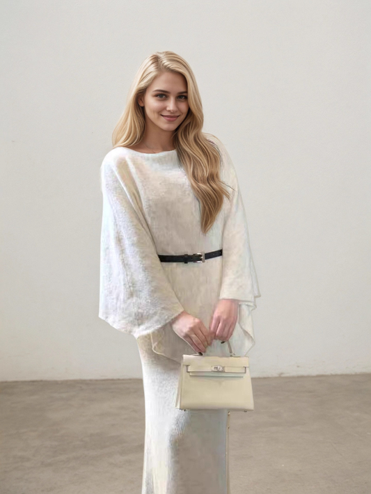 氣質慵懶風針織斗篷罩衫套裝(杏)K1017