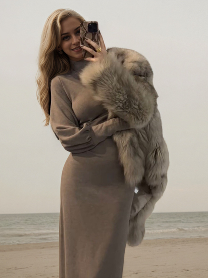 新款半高領燈籠袖修身復古針織洋裝K1047