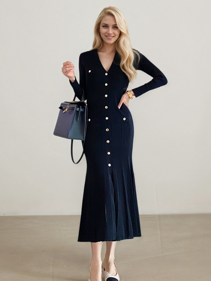 韓版氣質V領修身針織連身裙K1045