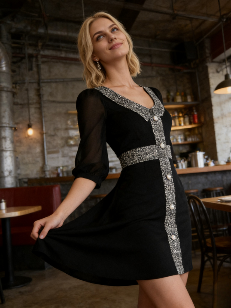 小香風雪紡中袖收腰顯瘦洋裝E1036