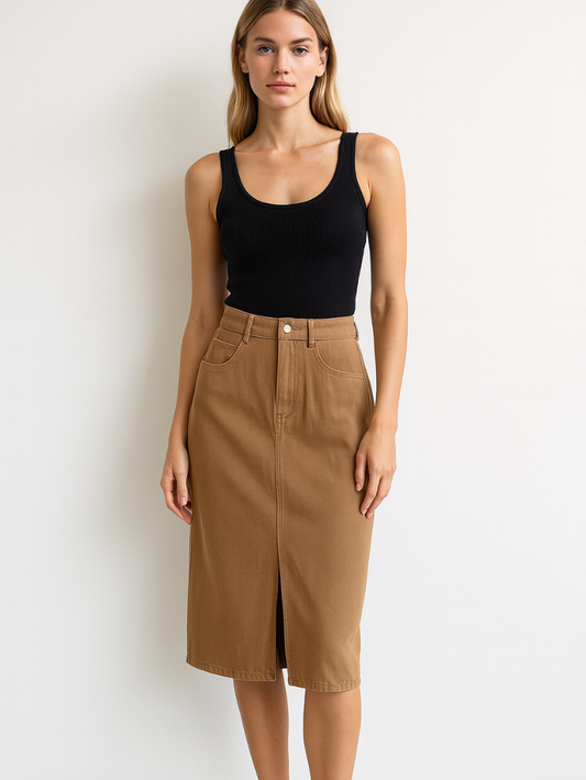 美式復古A字高腰開叉牛仔裙(卡其)DE1017