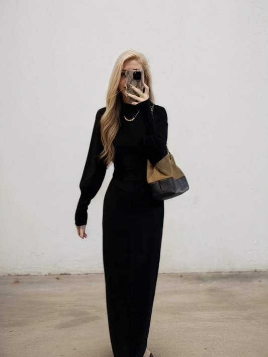 新款半高領燈籠袖修身復古針織洋裝K1047 (黑)