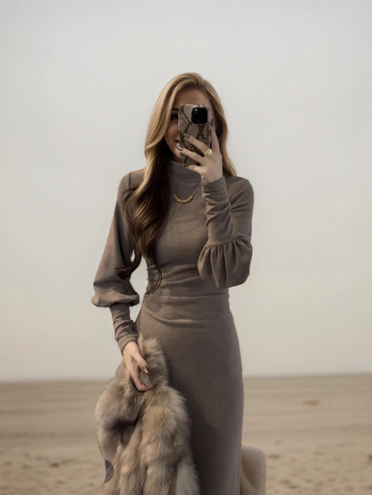 新款半高領燈籠袖修身復古針織洋裝K1047