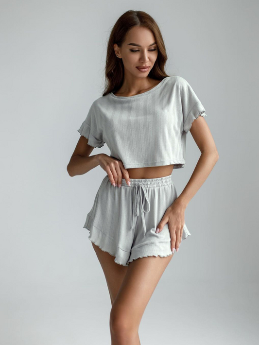 圓領荷葉邊休閒寬鬆居家服(灰)