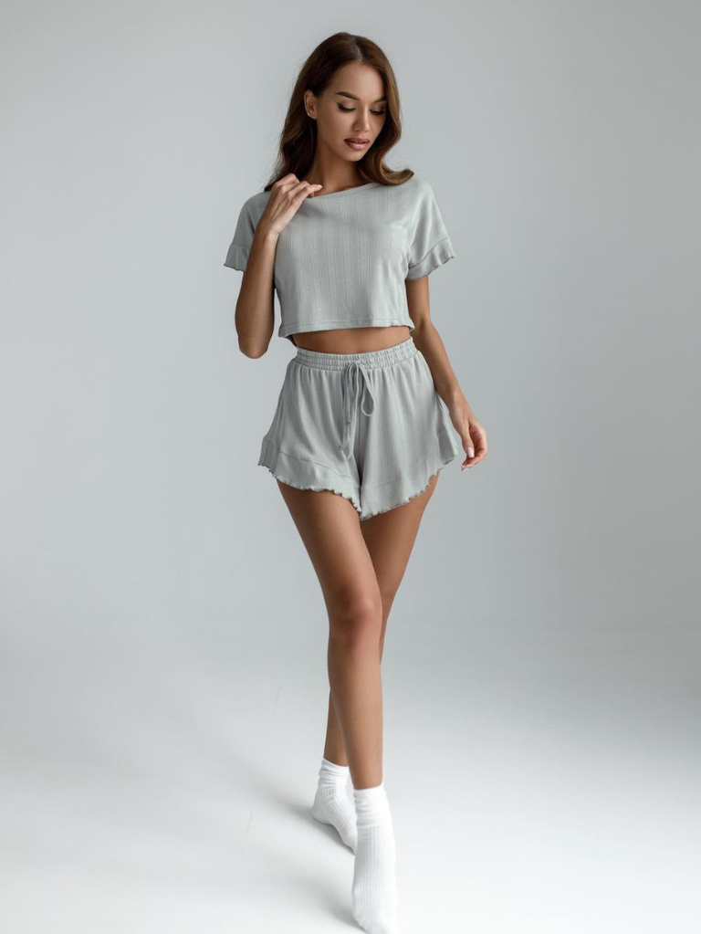 圓領荷葉邊休閒寬鬆居家服(灰)