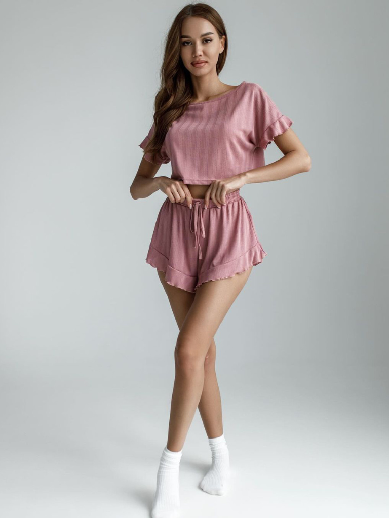 圓領荷葉邊休閒寬鬆居家服(磚粉)