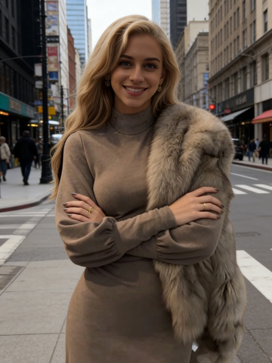 新款半高領燈籠袖修身復古針織洋裝K1047