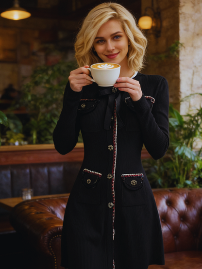 甜美收腰圓領針織洋裝K1048(黑)