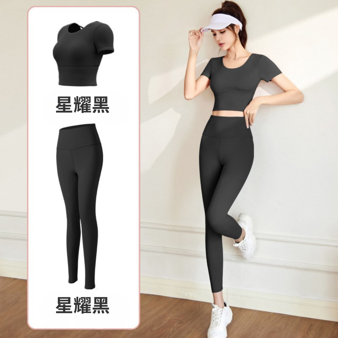 美背裸感帶胸墊瑜珈套裝(星耀黑+星耀黑)