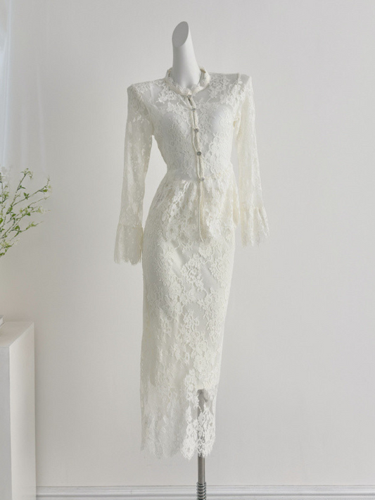 優雅修身蕾絲套裝長袖收腰套裝CO1011