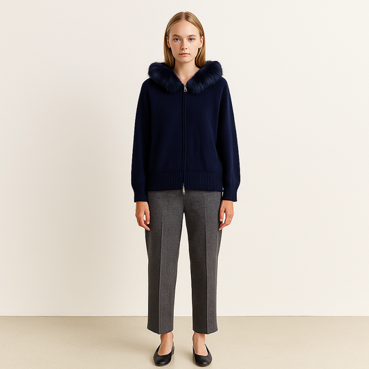 復古毛毛連帽拉鍊長袖針織外套(藏青)LI1006