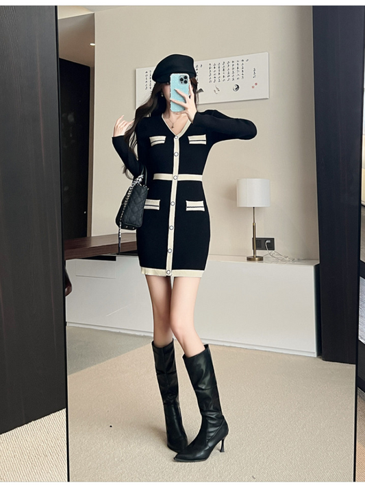 小香風撞色V領氣質收腰針織裙K1043