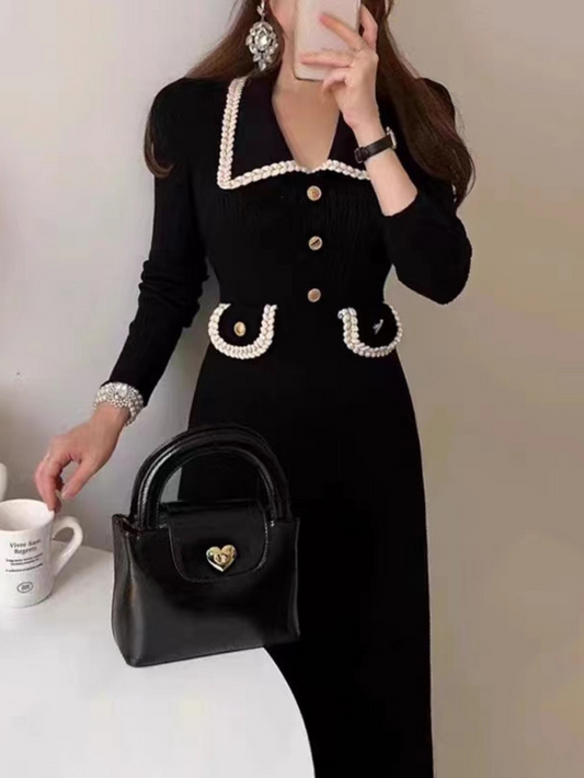 小香風Polo領撞色針織洋裝K1015