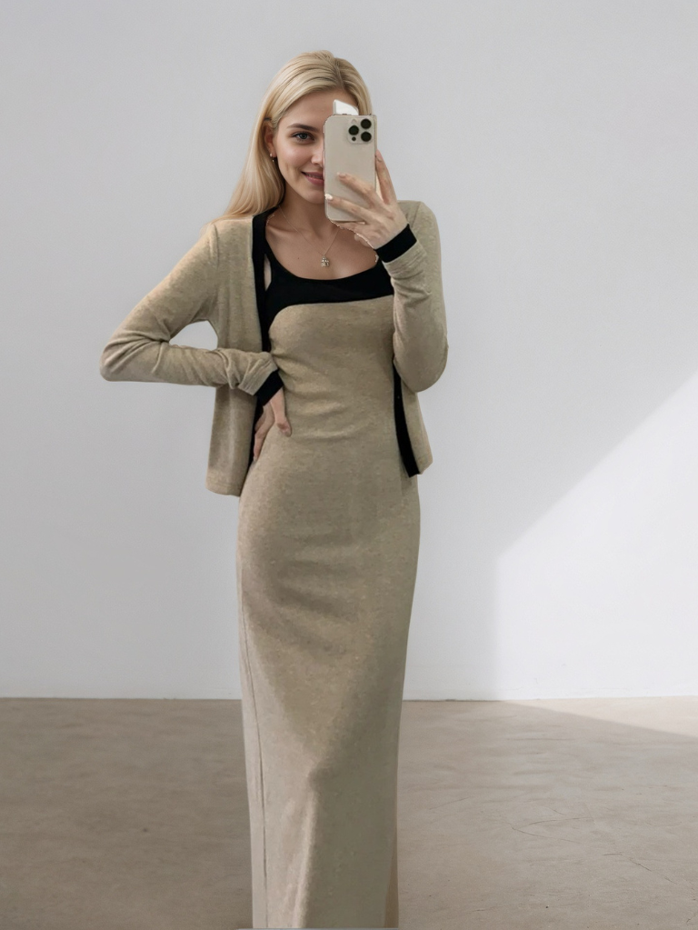 撞色吊帶修身長裙兩件套★E1003