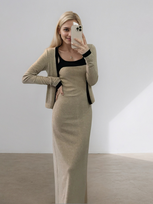 撞色吊帶修身長裙兩件套★E1003