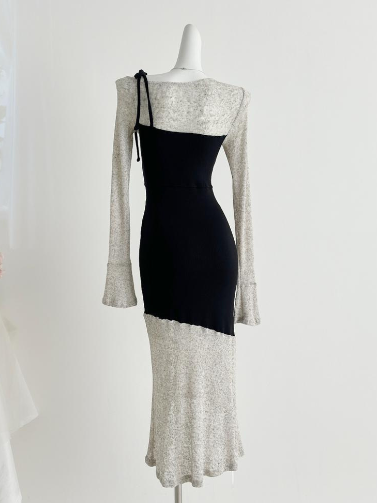 拼色不規則假兩件喇叭袖針織連身裙★K1008